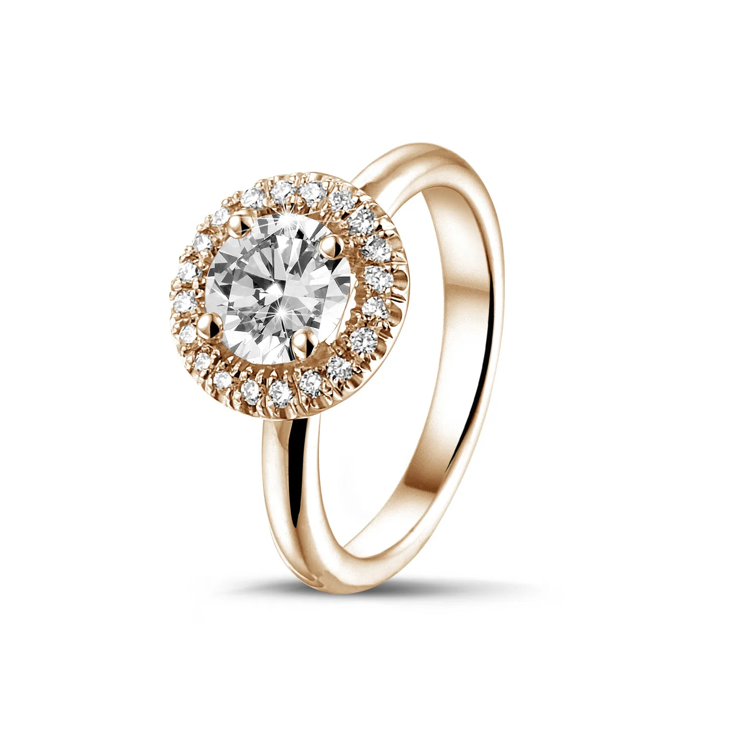 0.90 quilates Halo anillo solitario en oro rojo con diamantes redondos 