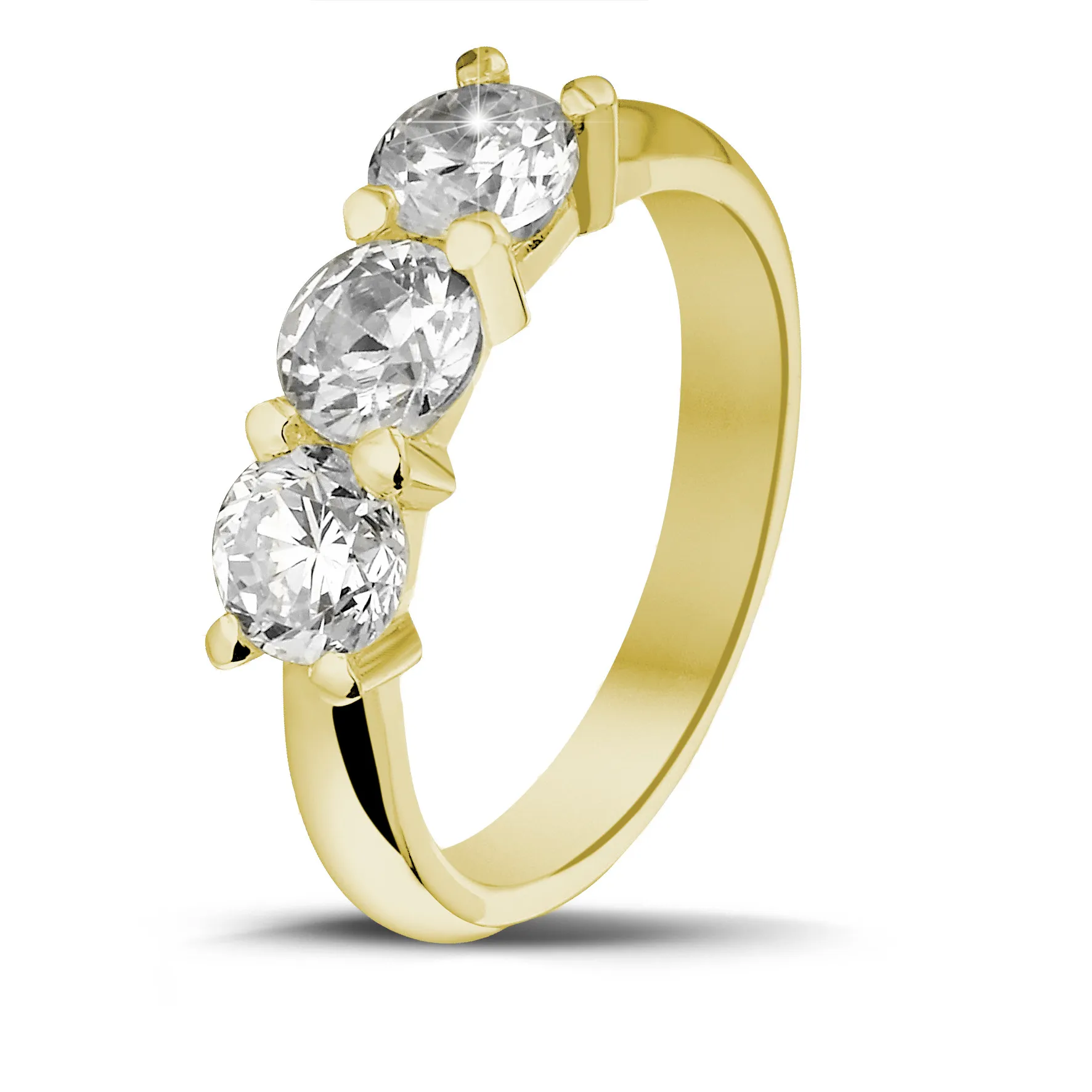 2.05 quilates anillo trilogía en oro amarillo con diamantes redondos 
