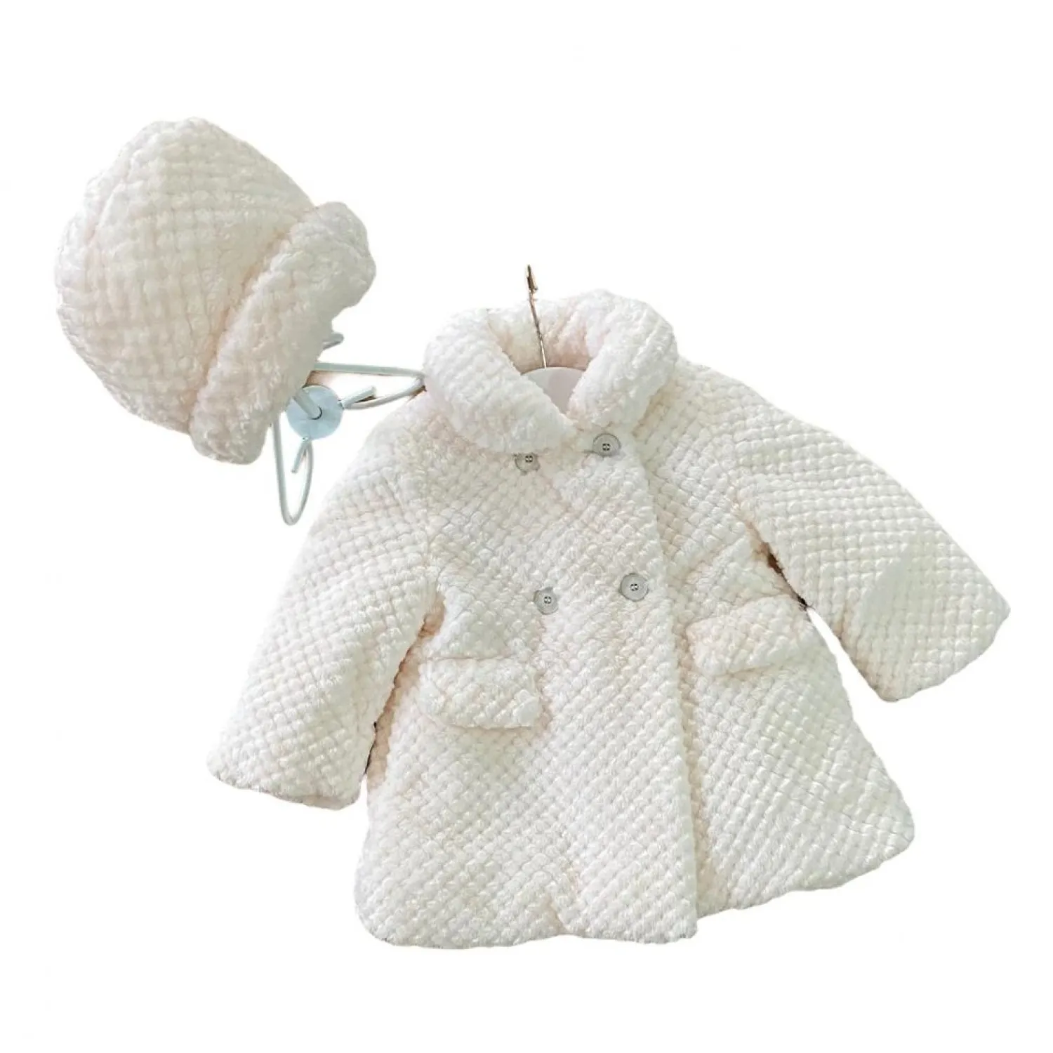 Conjunto unisex de abrigo y capota de pelito beige