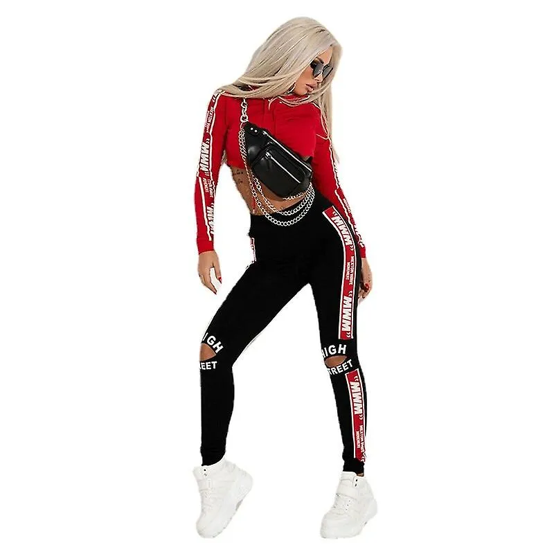 Women's Gym Tracksuit Monogram Print Cropped Hoodie And Distressed Sweatpants Set